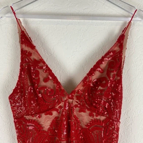 Free People Night Shimmers Mini Dress Red Lace Sequins Plunge V Party Dress - Picture 4 of 11